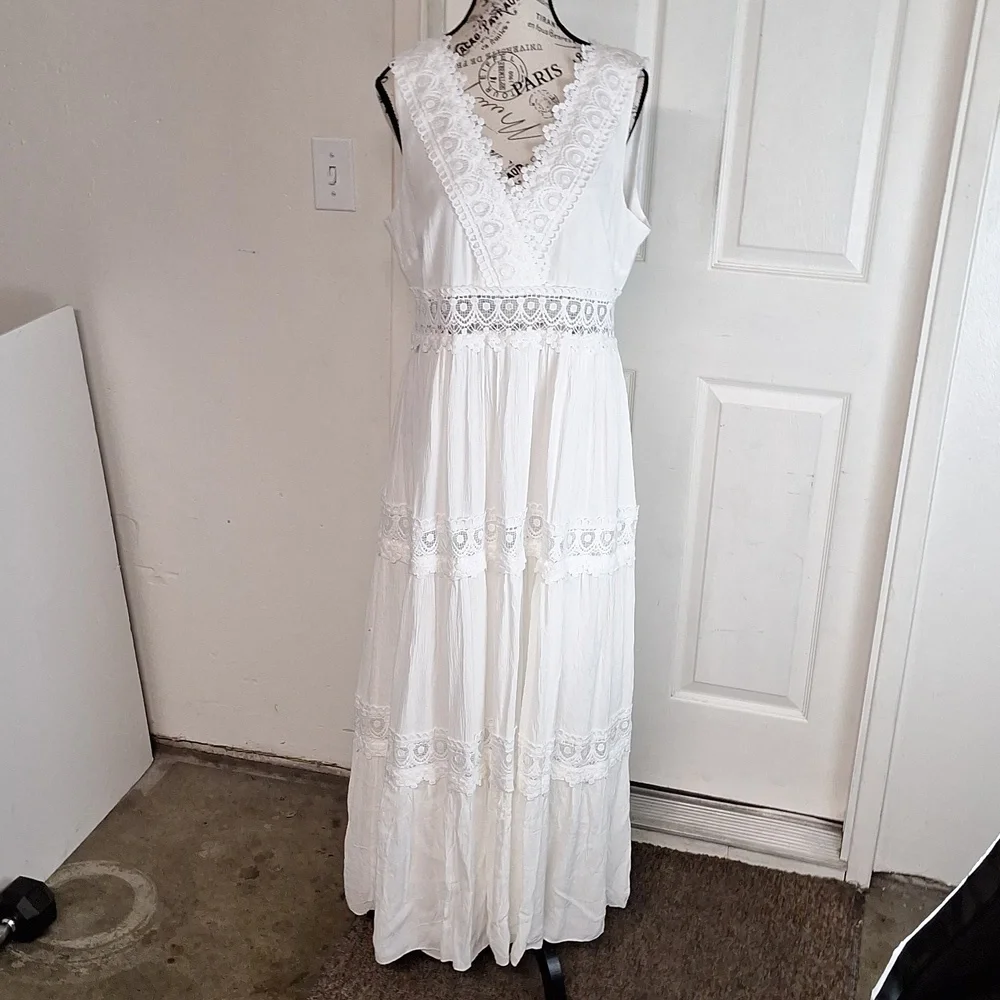 Lulus Spanish Sun White Sleeveless Tiered Lace Maxi Dress Sz XL NWT_2
